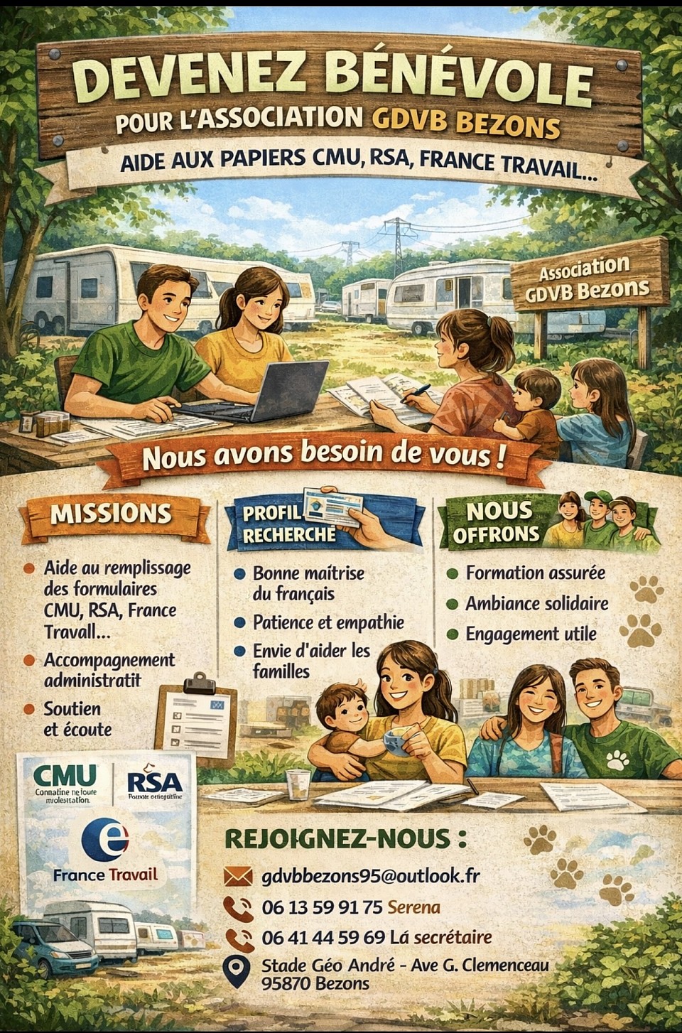 ✨ Association GDVB ✨ Un accompagnement sur mesure pour les personnes du voyage  Vous souhaitez travailler, apprendre ou être accompagné dans vos démarches ? L’Association GDVB est là pour vous soutenir :  ✅ Accompagnement vers l’emploi : aide à trouver un travail adapté à vos envies et compétences. ✅ Démarches administratives : nous vous aidons à remplir vos papiers et à mieux comprendre vos droits. ✅ Cours d’alphabétisation : 	•	Pour les jeunes de 20 à 25 ans qui veulent progresser, 	•	Pour les seniors qui souhaitent apprendre à lire et gagner en autonomie.  👩‍🤝‍👩 Une équipe de bénévoles engagés à vos côtés : Serena – Stina – Nesly – Angelina  📍 Nous sommes présents partout en France, avec bienveillance et respect.  👉 Avec GDVB, ouvrez les portes du monde du travail et de la connaissance.